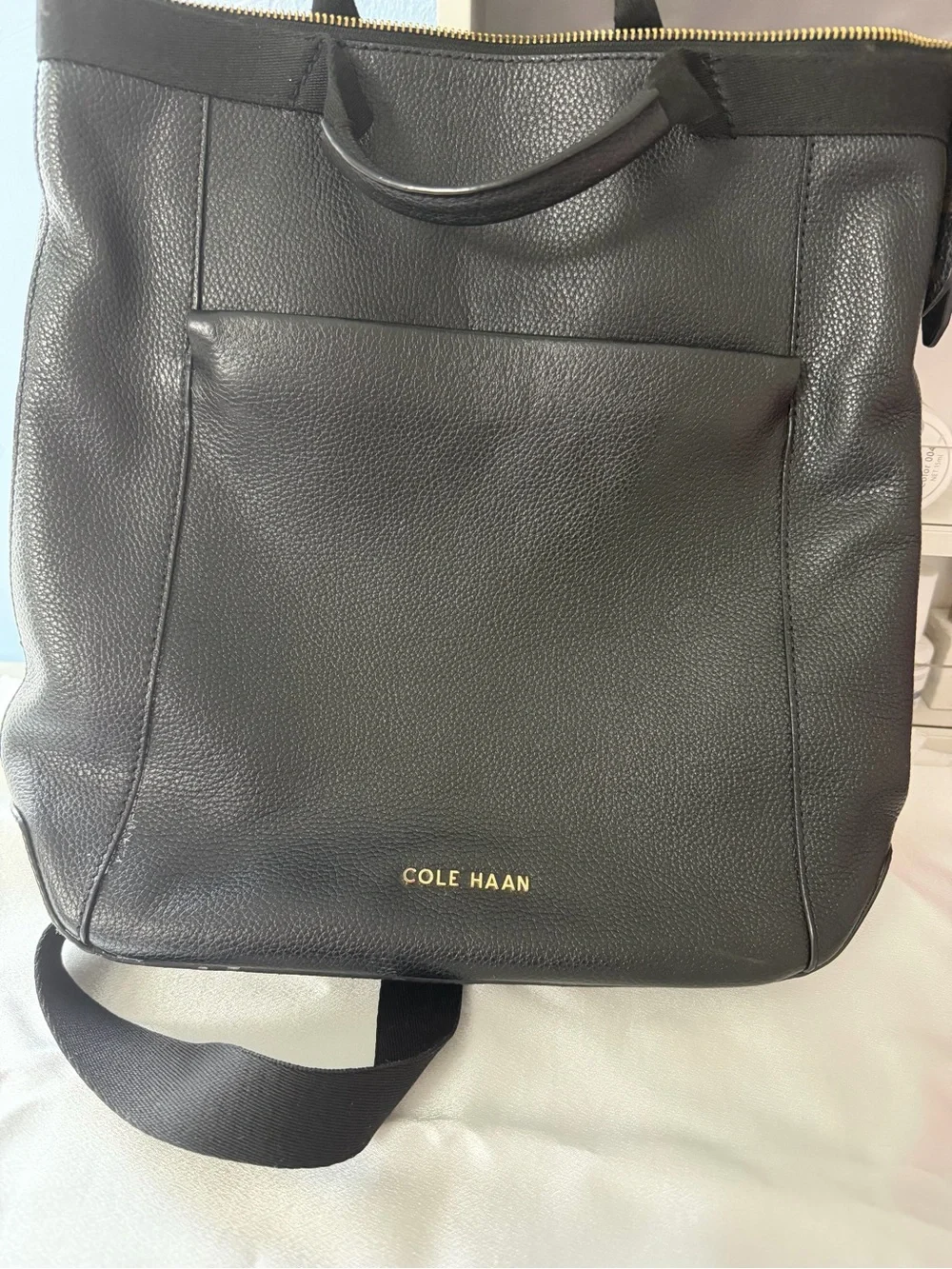 Cole Haan Black Pebbled Leather Tote-Style Backpack with Gold Logo
